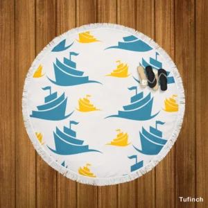 Blue Yellow Sailboats Round Beach Towel