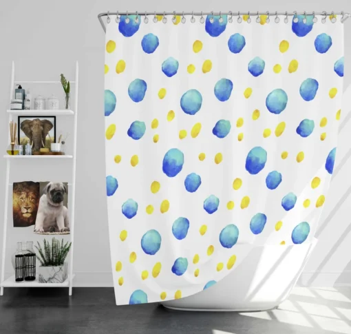 Blue Yellow Watercolor Polka Dots Shower Curtain