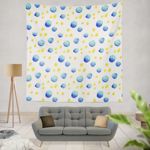 Blue Yellow Watercolor Polka Dots Wall Tapestry