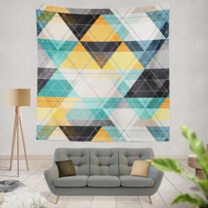 Blue Yellow White Triangle Pattern Wall Tapestry