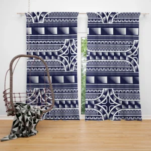 Blue and White Maori Tattoo Pattern Design Curtain