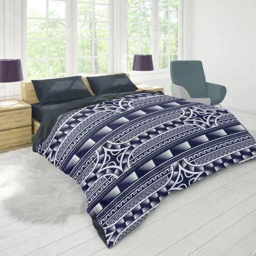 Blue and White Maori Tattoo Pattern Design Duvet Cover 1