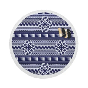 Blue and White Maori Tattoo Pattern Design Round Beach Towel