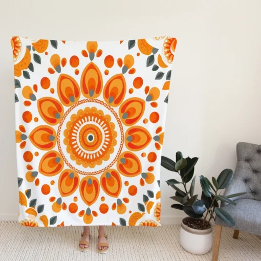 Bohemian Orange Folk Design Fleece Blanket