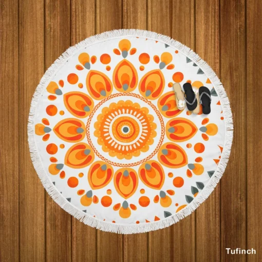 Bohemian Orange Folk Design Round Beach Towel