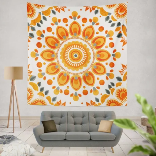 Bohemian Orange Folk Design Wall Tapestry