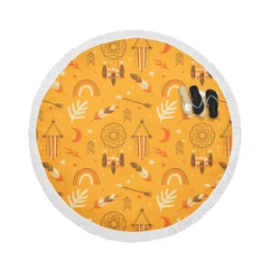 Boho Elements Pattern on Apricot Background Round Beach Towel