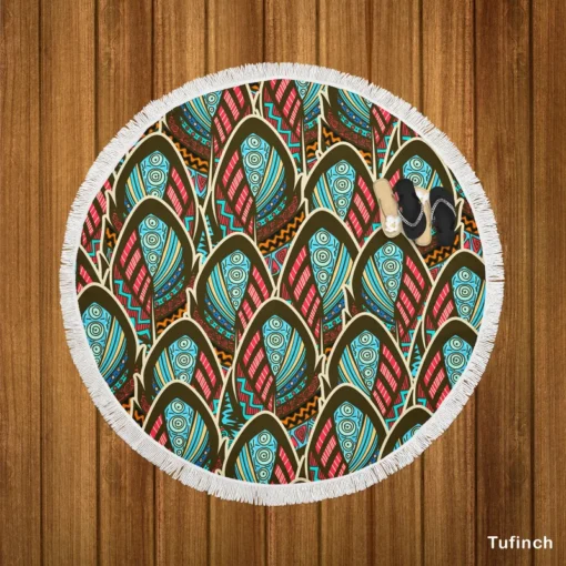 Boho Style Feather Design Round Beach Towel