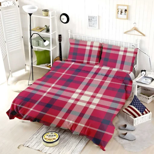 Brick Red Blue Plaid Bedding Set