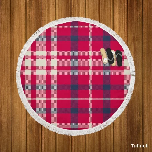 Brick Red Blue Plaid Round Beach Towel