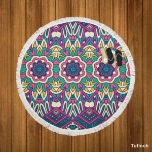 Bright Aztec Tribal Fabric Design Round Beach Towel