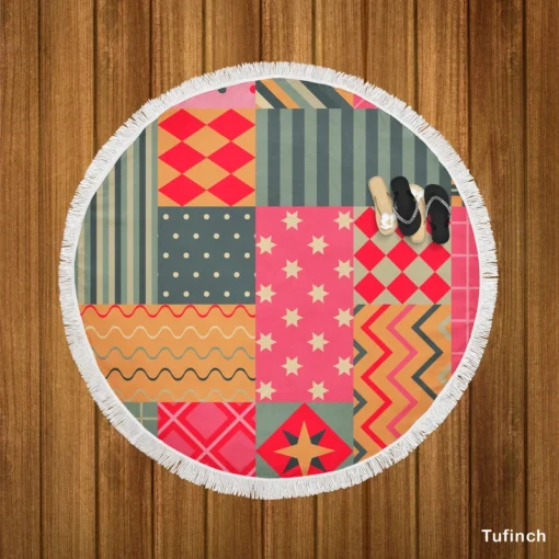 Bright Colorful Patchwork Design Round Beach Towel