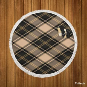 Brown Black Scottish Plaid Round Beach Towel