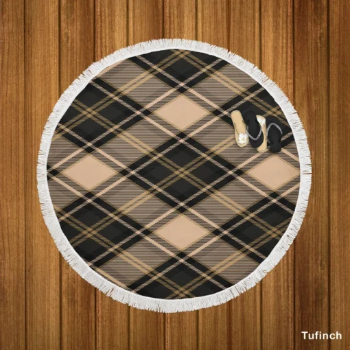 Brown Black Scottish Plaid Round Beach Towel