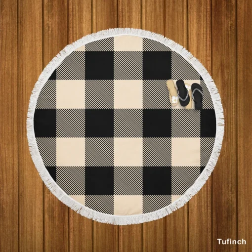 Buffalo Check Black Dairy Cream pattern Round Beach Towel