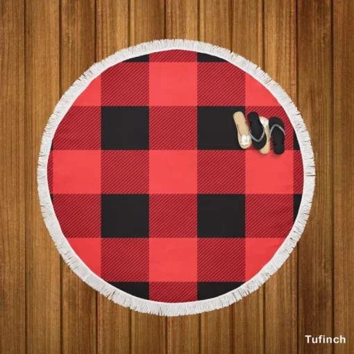 Buffalo Plaid Red Black Round Beach Towel