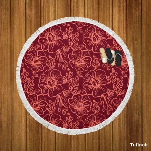 Burgundy Floral Design Round Beach Towel