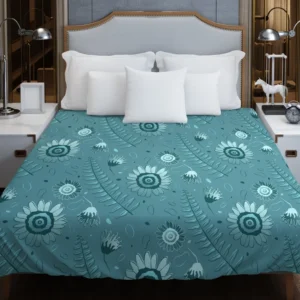 Cadet Blue Monochromatic Floral Pattern Duvet Cover