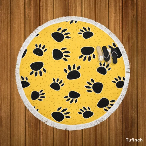 Cartoon Bear Footprints Round Beach Towel