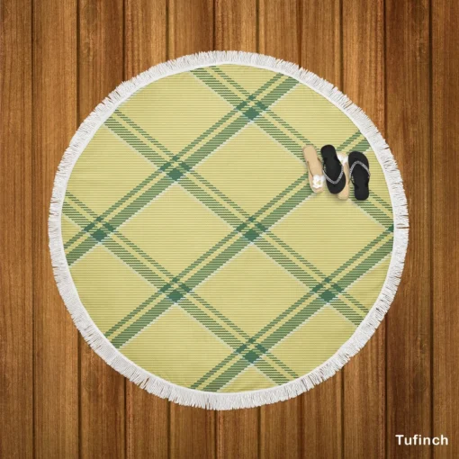 Check Plaid Green Stripes Pattern Round Beach Towel