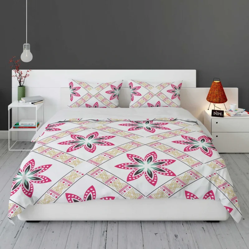 Checkered Floral Pattern On White Bedding Set 1