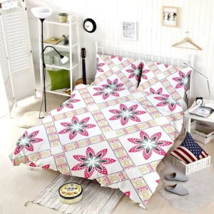 Checkered Floral Pattern On White Bedding Set