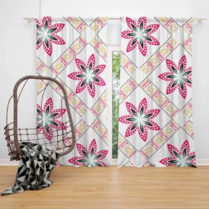 Checkered Floral Pattern On White Curtain