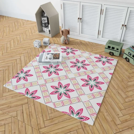 Checkered Floral Pattern On White Rug 1