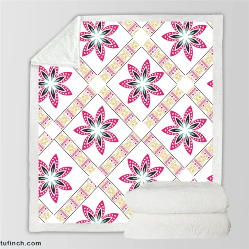 Checkered Floral Pattern On White Sherpa Fleece Blanket