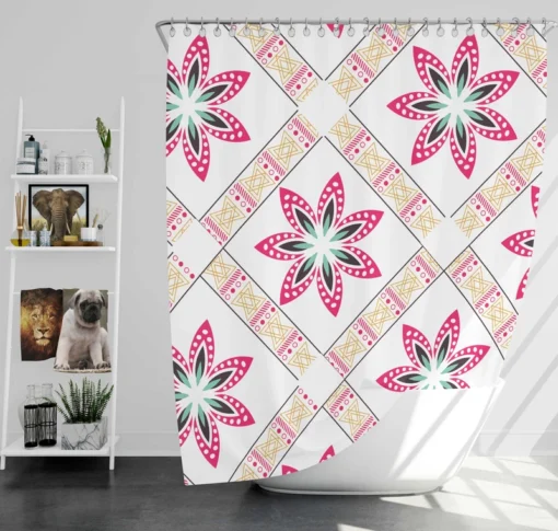 Checkered Floral Pattern On White Shower Curtain