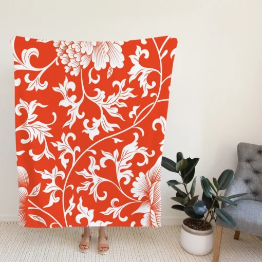 Chinese Floral Orange Background Fleece Blanket