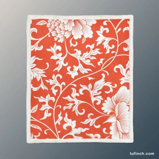 Chinese Floral Orange Background Sherpa Fleece Blanket 1