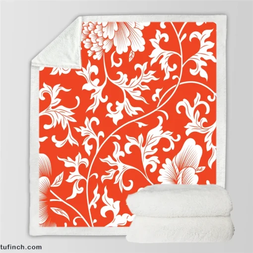 Chinese Floral Orange Background Sherpa Fleece Blanket