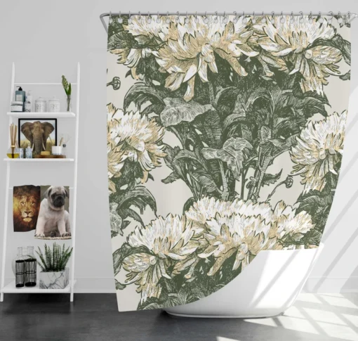 Chrysanthemum Flower Toile Pattern Shower Curtain