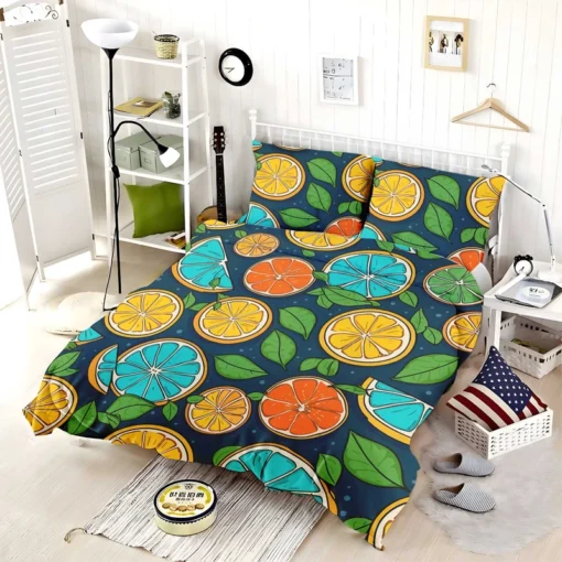 Citrus Fruit Blue Orange Yellow Pattern Bedding Set