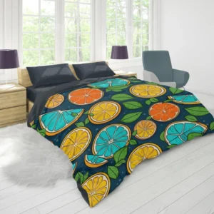 Citrus Fruit Blue Orange Yellow Pattern Duvet Cover 1