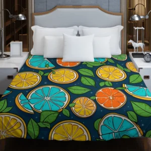 Citrus Fruit Blue Orange Yellow Pattern Duvet Cover