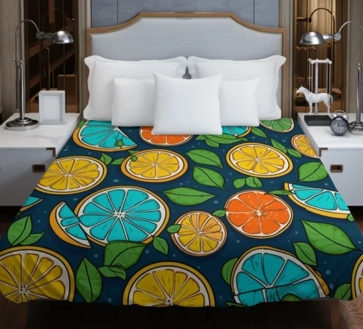 Citrus Fruit Blue Orange Yellow Pattern Duvet Cover