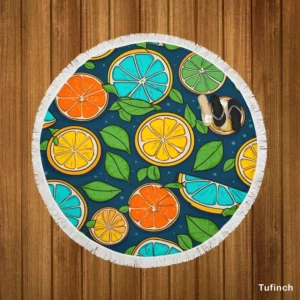 Citrus Fruit Blue Orange Yellow Pattern Round Beach Towel