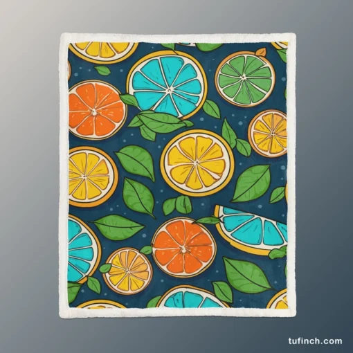 Citrus Fruit Blue Orange Yellow Pattern Sherpa Fleece Blanket 1