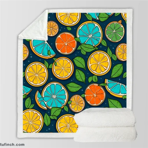 Citrus Fruit Blue Orange Yellow Pattern Sherpa Fleece Blanket