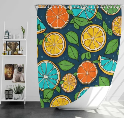 Citrus Fruit Blue Orange Yellow Pattern Shower Curtain