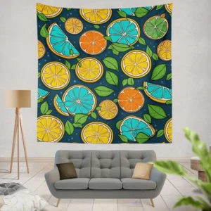 Citrus Fruit Blue Orange Yellow Pattern Wall Tapestry