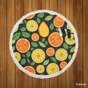 Citrus Fruits And Leaves Design Round Beach Towel