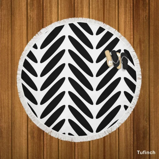 Classic Herringbone Black & White Round Beach Towel