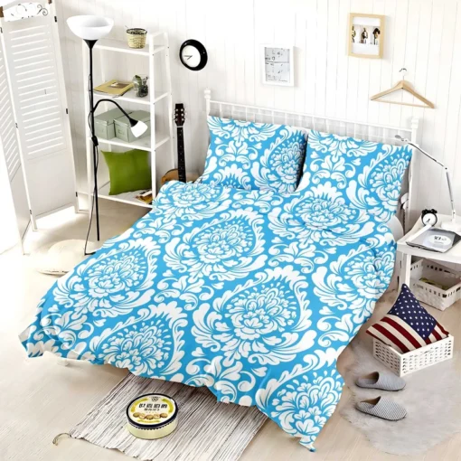 Classic Vintage Damask In Butterfly Blue Bedding Set