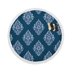 Classical Damask Pattern on Midnight Blue  BG Round Beach Towel