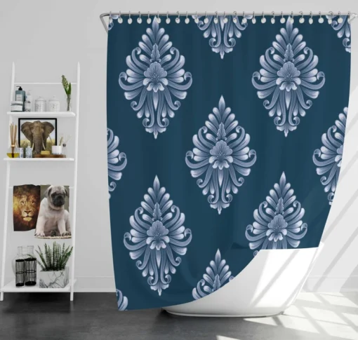 Classical Damask Pattern on Midnight Blue  BG Shower Curtain