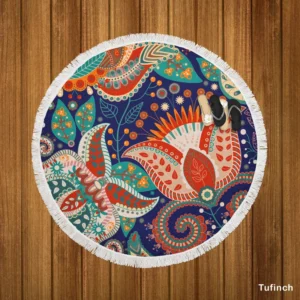 Colorful Batik Floral Design Round Beach Towel