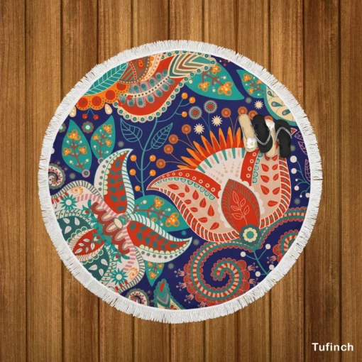 Colorful Batik Floral Design Round Beach Towel